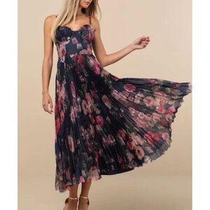 LULUS NWT‎ Women's Blue Alluring Invite Floral Pleated Bustier Midi Dress S